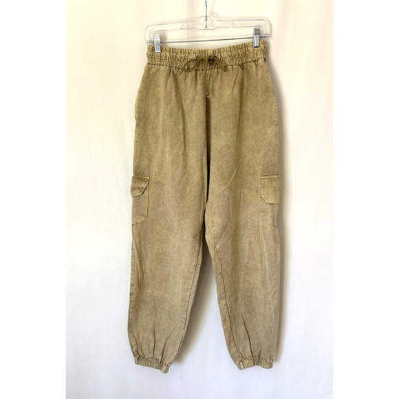 Pretty Little Thing Pants 6 Cargo Tapered Pockets Green Elastic Waist Boho - Picture 1 of 13